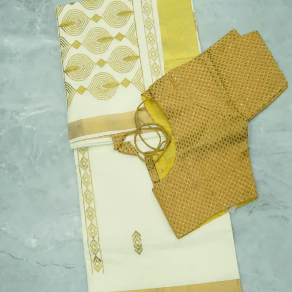 Onam Saree-1, Golden Colour Border, Half White base Sarees