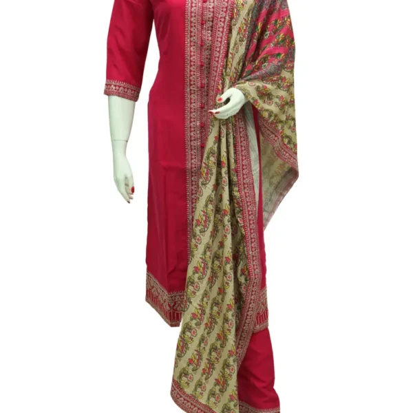 Deep Brick Red Vichitra Silk Fabric Readymade Chudi Full Set Top, Bottom, & Dupatta.