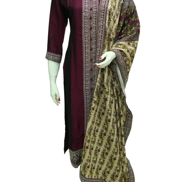 Deep Wine Vichitra Silk Fabric Readymade Chudi Full Set Top, Bottom, & Dupatta.