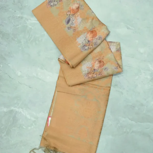 Olive Dusty Brown Digital Print Copper Zari Tussar Silk Saree.