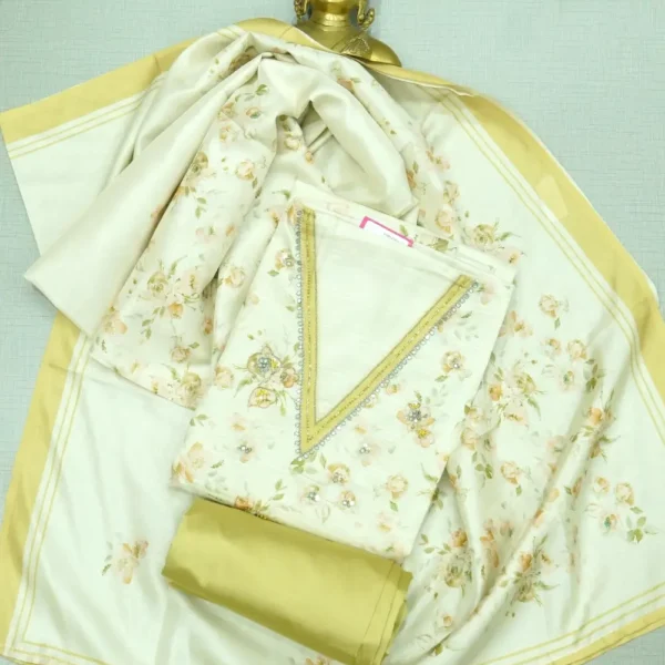 Half-White-Pale Golden Yellow Colour Tussar Satin Silk V-Neck Chudi Material with Mirror and Sequins Work.