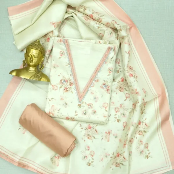 Half-White with Caven Pink Colour Tussar Satin Silk V-Neck Chudi Material with Mirror and Sequins Work.