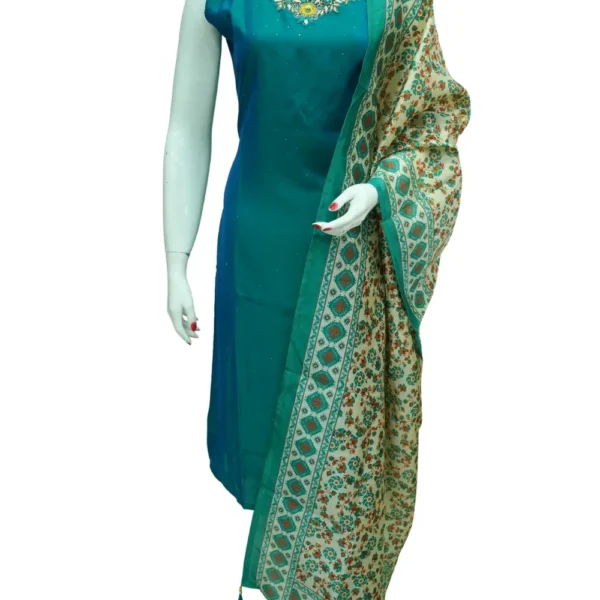 Olive Bluish Green Vichitra Silk Fabric Readymade Chudi Full Set Top, Bottom, & Dupatta.