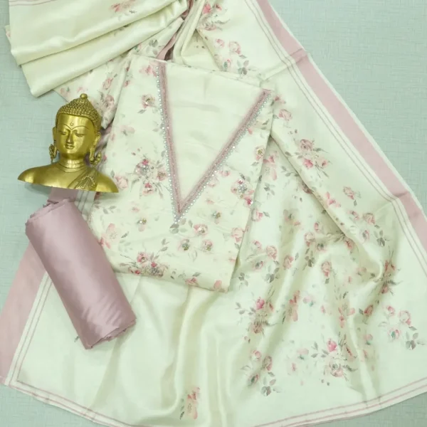 Half-White - Soft Amber Colour Tussar Satin Silk V-Neck Chudi Material with Mirror and Sequins Work.