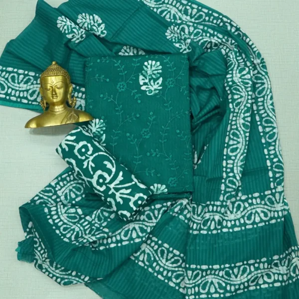Teal Green Colour Pure Cotton Batik Print & Embroidery Work Chudi Material with Printed Bottom and Dupatta.
