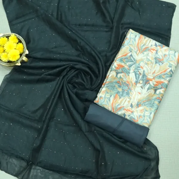 Elephant Grey Colour Floral Printed Linen Cotton Chudi Material with Contrast Bottom and Dupatta.