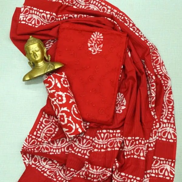 Lava Red Colour Pure Cotton Batik Print & Embroidery Work Chudi Material with Printed Bottom and Dupatta.