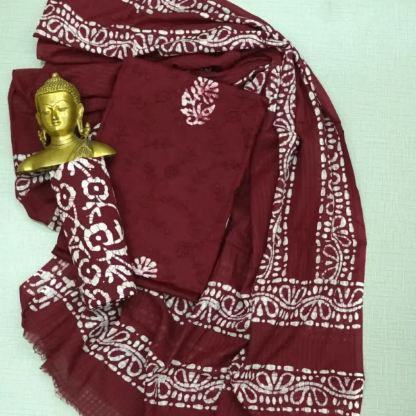 Wine Berry Colour Pure Cotton Batik Print & Embroidery Work Chudi Material with Printed Bottom and Dupatta.