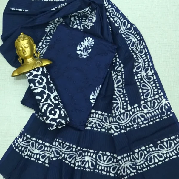 Dark Blueish Grey Colour Pure Cotton Batik Print & Embroidery Work Chudi Material with Printed Bottom and Dupatta.