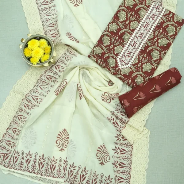 Cofee Brown Base Colour Pure Cotton Floral Printed Chudi Material with Printed Bottom and Lucknowi Work Dupatta.