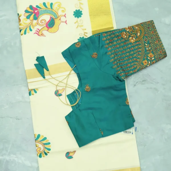 Onam Saree-2, Golden Colour Border, Half White base Sarees