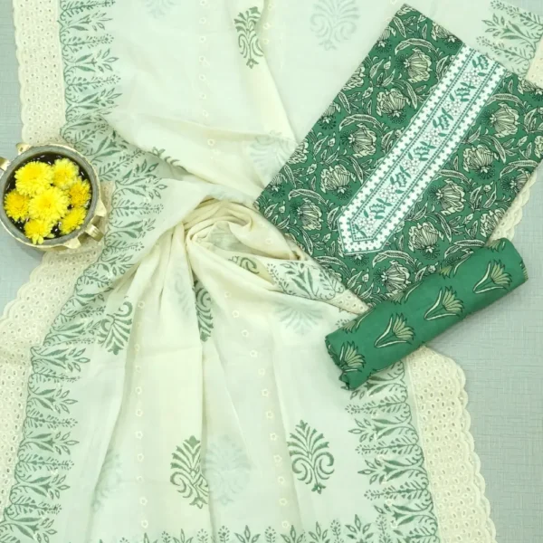 Como Green Base Colour Pure Cotton Floral Printed Chudi Material with Printed Bottom and Lucknowi Work Dupatta.