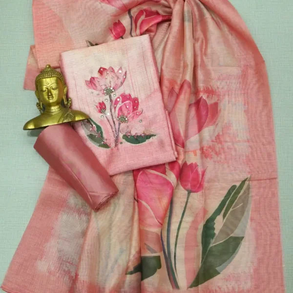 Pastel Dusty Pink Colour Soft Tussar Silk Chudi Material - Floral Print and Sequins Work with Bottom and Printed Dupatta.