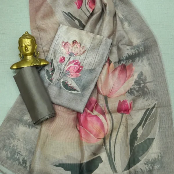 Pastel Grey Colour Soft Tussar Silk Chudi Material - Floral Print and Sequins Work with Bottom and Printed Dupatta.