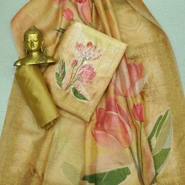 Pastel Harvest Gold Colour Soft Tussar Silk Chudi Material - Floral Print and Sequins Work with Bottom and Printed Dupatta.