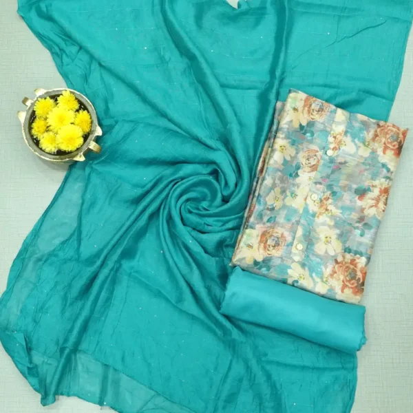 Sea Green Colour Floral Printed Linen Cotton Chudi Material with Contrast Bottom and Dupatta.