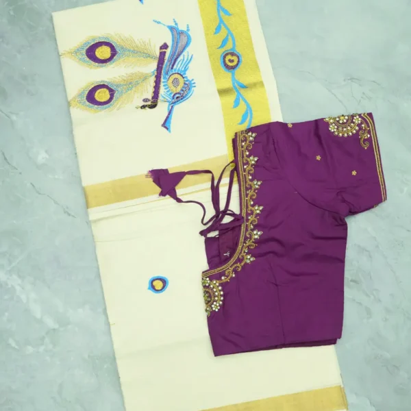 Onam Saree-4, Golden Colour Border, Half White base Sarees.