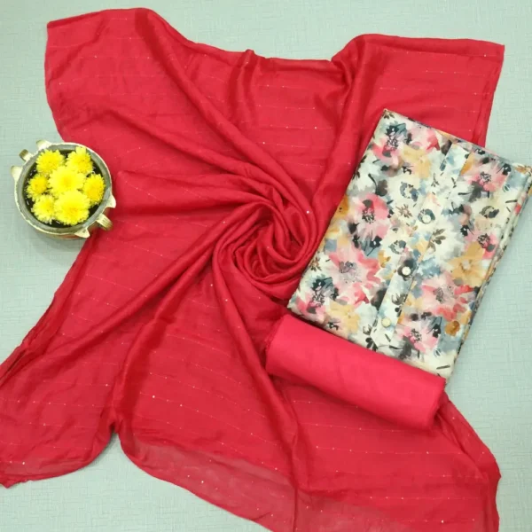 Tomato Red Colour Floral Printed Linen Cotton Chudi Material with Contrast Bottom and Dupatta.