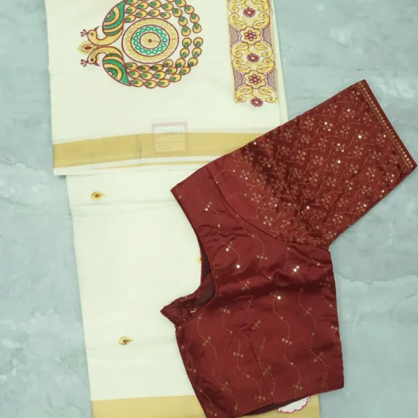 Onam Saree-5, Golden Colour Border, Half White base Sarees.