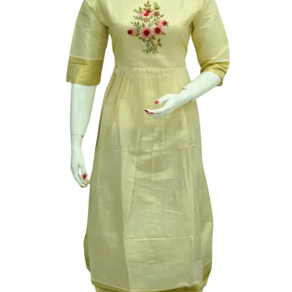 Flair Umbrella Golden Tissue Silk Cotton Top with Sequins Work and Embroidery Work.