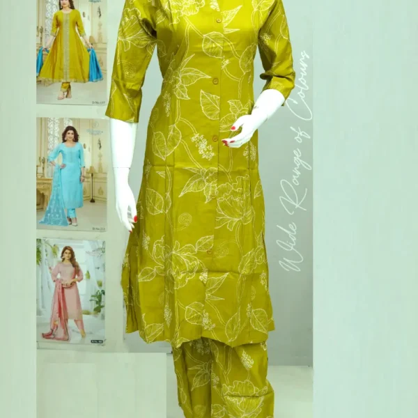 Vatican Silk Mustard Green Floral Printed Co-ord Set with Printed Palazzo Bottom.
