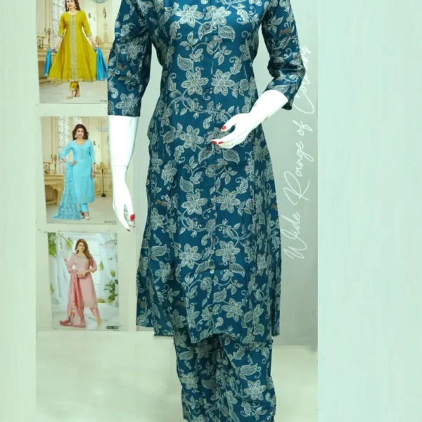 Vatican Silk Peacock Blue Floral Printed Co-ord Set with Printed Palazzo Bottom.