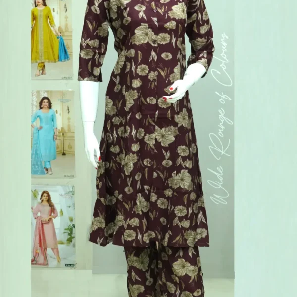 Vatican Silk Purplish Brown Floral Printed Co-ord Set with Printed Palazzo Bottom.