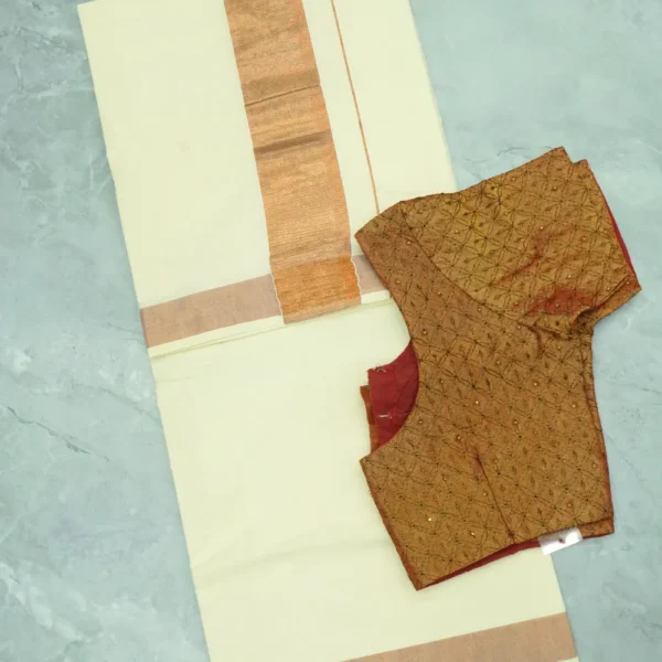Onam Saree-6, Golden Colour Border, Half White base Sarees.