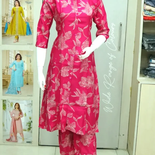 Vatican Silk Fuscia Pink Floral Printed Co-ord Set with Printed Palazzo Bottom.