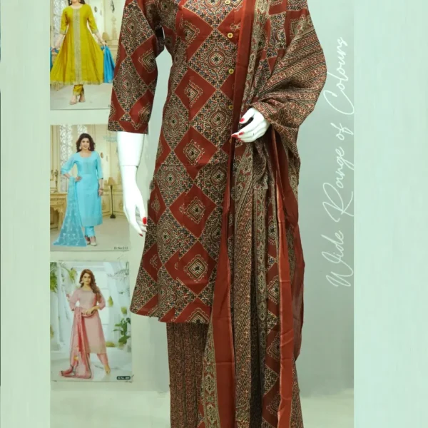 Rust Colour Ajrakh Printed Pure Cotton Co-ord Set and with Bottom and Dupatta.