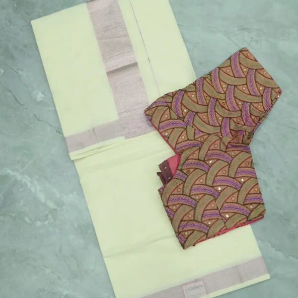 Onam Saree-7, Golden Colour Border, Half White base Sarees.