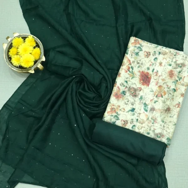 Bottle Green Colour Floral Printed Linen Cotton Chudi Material with Contrast Bottom and Dupatta