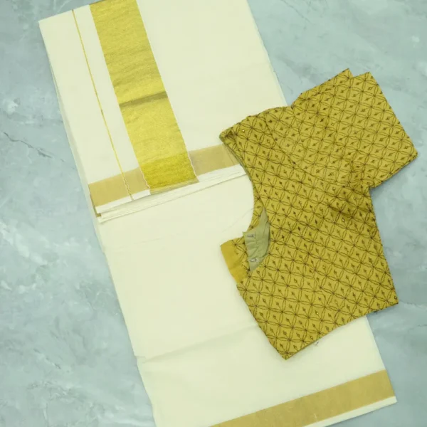 Onam Saree-8, Golden Colour Border, Half White base Sarees.