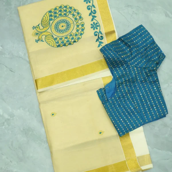 Onam Saree-10, Golden Colour Border, Half White base Sarees.