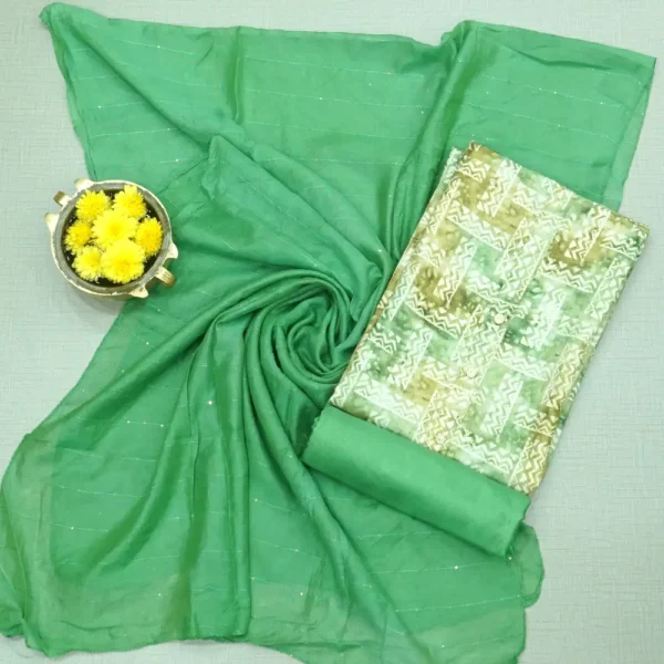 Elachi Green Colour Floral Printed Linen Cotton Chudi Material with Contrast Bottom and Dupatta.