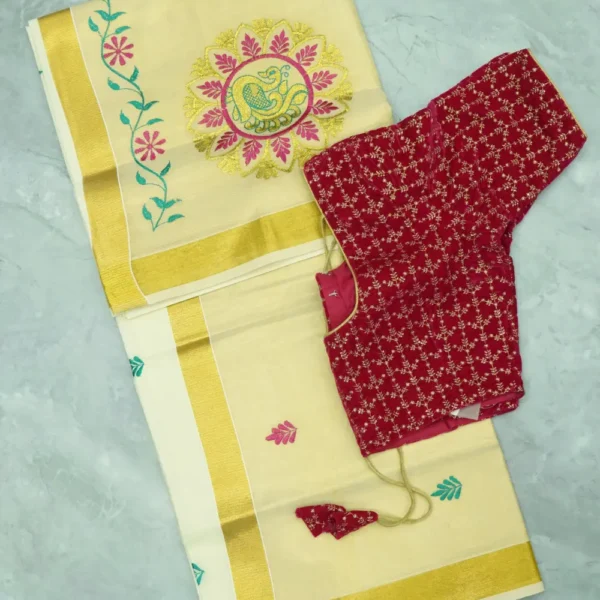 Onam Saree-12, Golden Colour Border, Half White base Sarees.