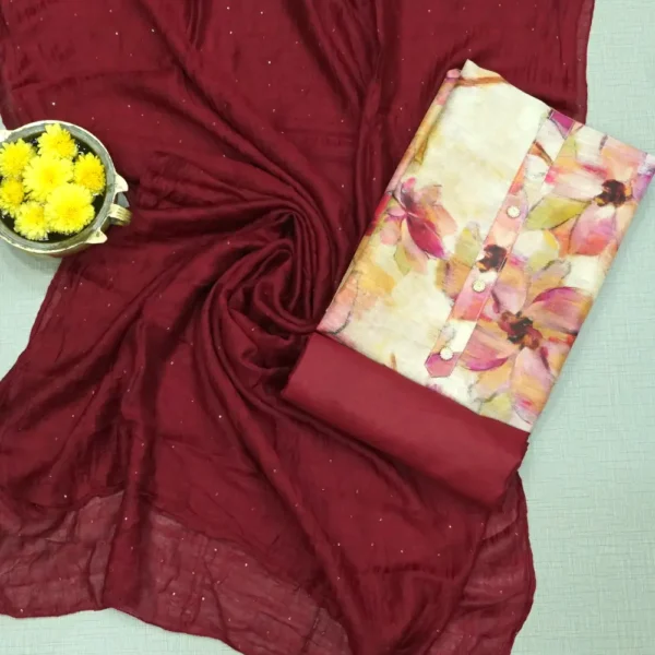 Burgundy Colour Floral Printed Linen Cotton Chudi Material with Contrast Bottom and Dupatta.