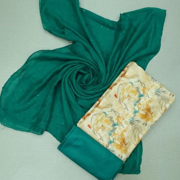 Teal Green Colour Floral Printed Linen Cotton Chudi Material with Contrast Bottom and Dupatta.