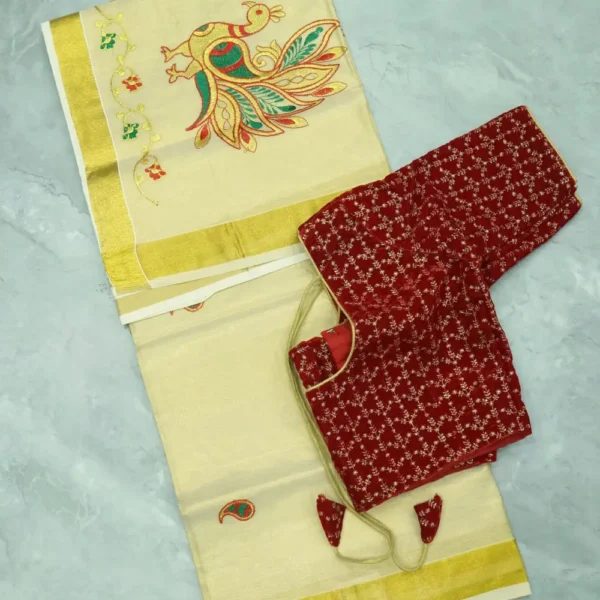 Onam Saree-13, Golden Colour Border, Half White base Sarees.