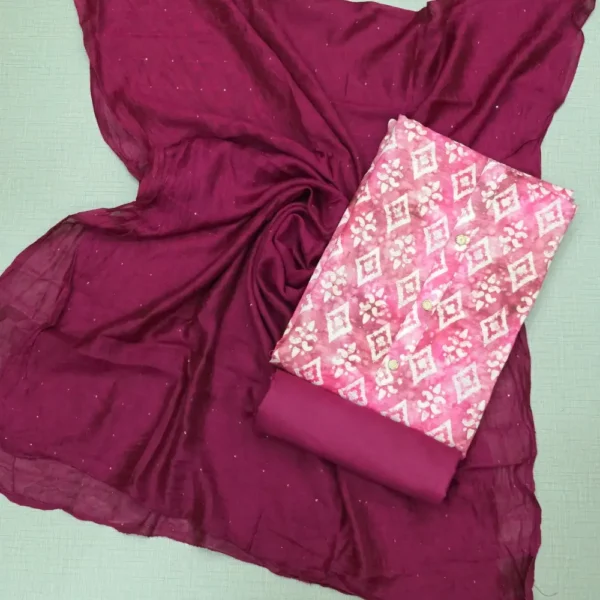 Fuchsia Pink Printed Linen Cotton Chudi Material with Contrast Bottom and Dupatta.