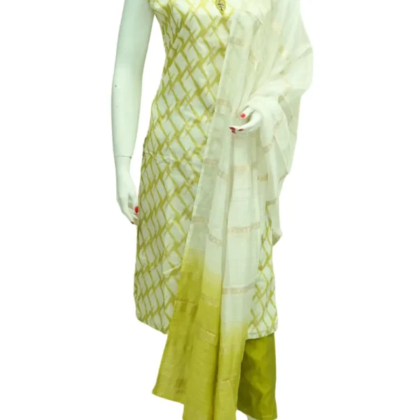 Cream Green Chanderi Silk Readymade Chudi Full Set Top, Bottom, & Dupatta.