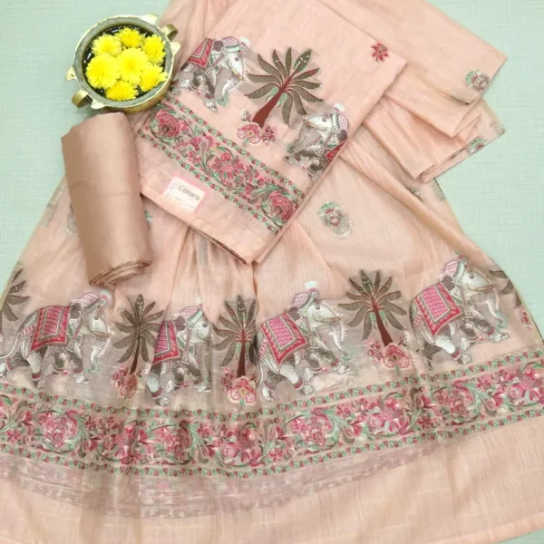 Peach Colour Tussar Silk Chudi Material with Traditional Weaving, Self Colour Bottom and Dupatta.