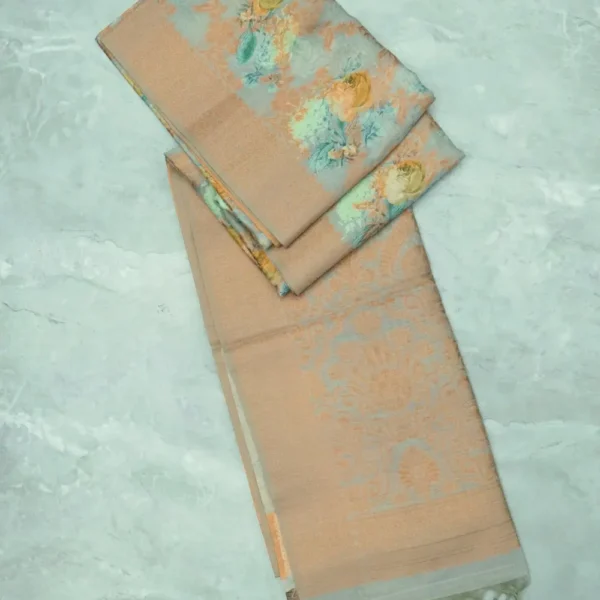 Olive Grey Digital Print Copper Zari Tussar Silk Saree.