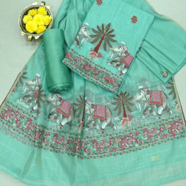 Light teal with greenish-blue tone Colour Tussar Silk Chudi Material with Traditional Weaving, Self Colour Bottom and Dupatta.