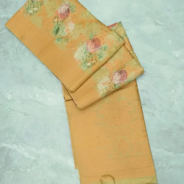 Olive Sand Brown Digital Print Copper Zari Tussar Silk Saree.