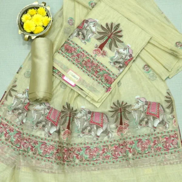 Warm Ivory Colour Tussar Silk Chudi Material with Traditional Weaving, Self Colour Bottom and Dupatta.