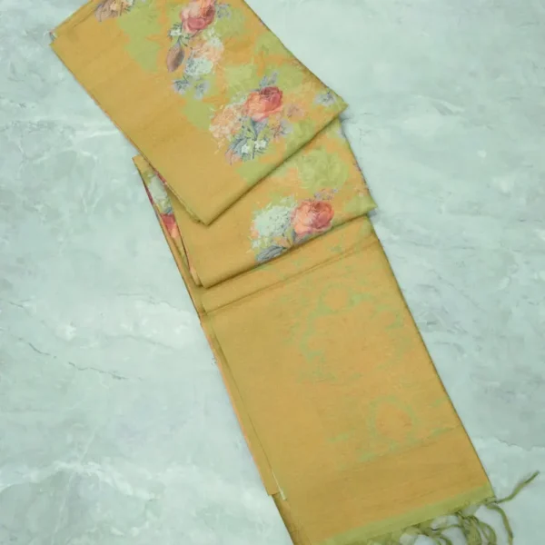Olive Green Digital Print Copper Zari Tussar Silk Saree.
