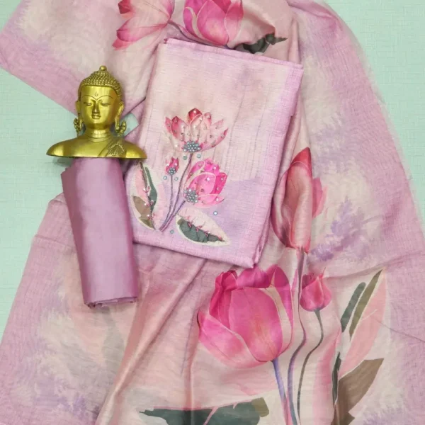 Pastel Purple Colour Soft Tussar Silk Chudi Material - Floral Print and Sequins Work with Bottom and Printed Dupatta.