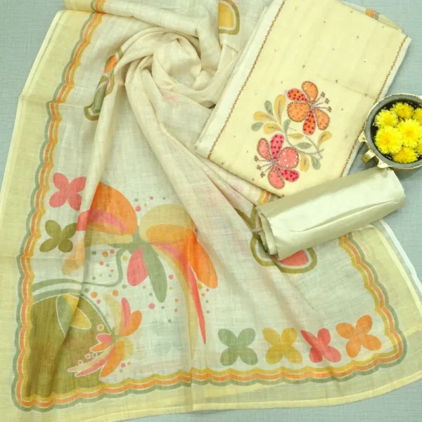 Peach Yellow Colour Linen Cotton Chudi Material - Yok Work and with Bottom and Printed Dupatta.