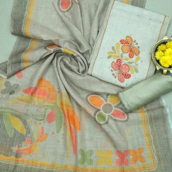 Pastel Greyish Blue Colour Linen Cotton Chudi Material - Yok Work and with Bottom and Printed Dupatta.